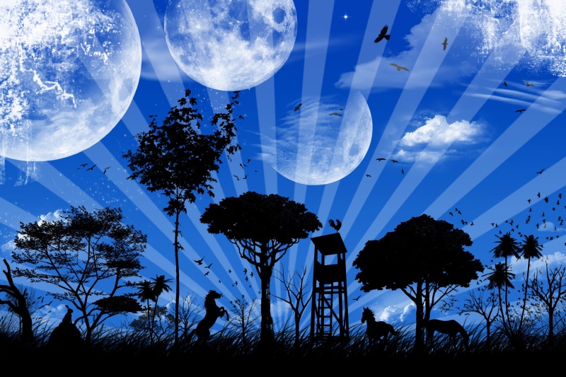 world, landscape, silhouette, low angle view, moon, outdoors, built structure, two people, nature, sky, architecture, blue, beauty in nature, illustration