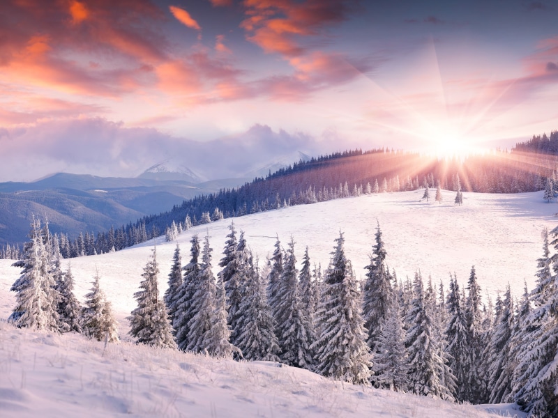 Trees, Snow, Mountains, snowy, sunset, mountain, Sun, painting, 2K, Winter, Dawn