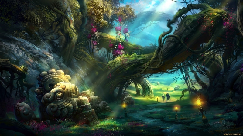 outdoors, rock, marine, fantasy, green, rock - object, city, water, 1080P, sea, fantasy art, tree, illuminated, photography, CGI, solid, beauty in nature