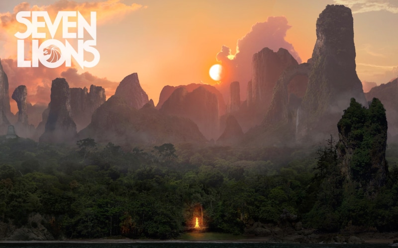 Seven Lions, forest, sunset, music, 1080P, mountains, landscape