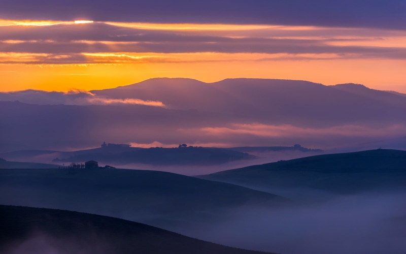 no people, landscape, environment, hills, house, mist, non-urban scene, fog, water, tranquil scene, scenics - nature, beauty in nature, mountain peak, sunset