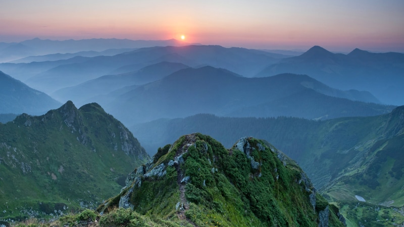 sunset, nature, mountain range, environment, trees, forest, non-urban scene, idyllic, mountain, tree, mountains, 4K, beauty in nature, sky, tranquility