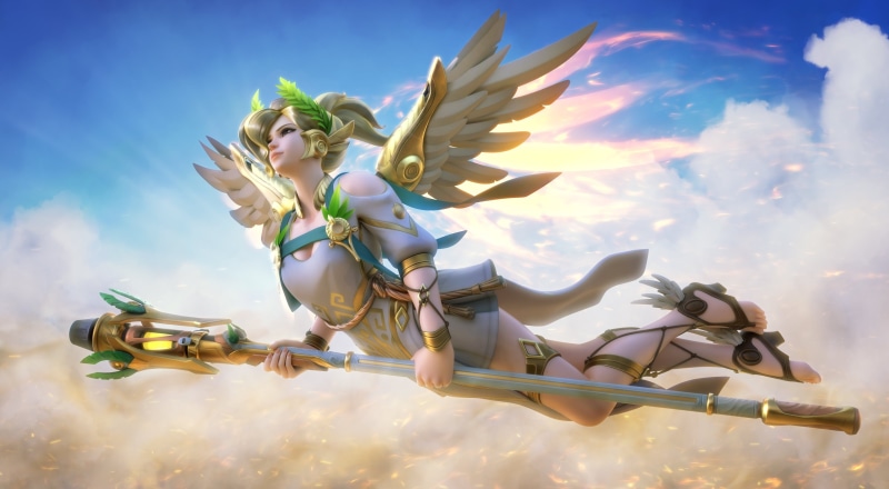 weapon, tesnhi, sky, wings, Mercy, cloud, girl, pretty, bishojo, 4K, angel, seifuku, kumo, power, powerful, game, blonde, Overwatch