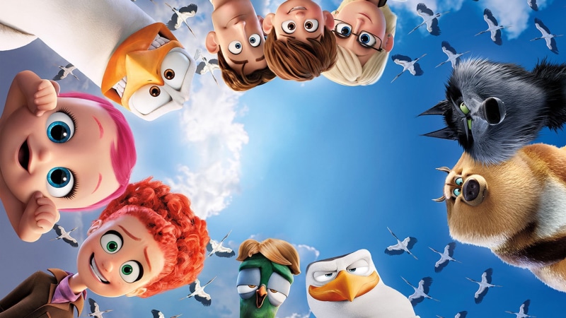 1080P, Storks, baby, bird, animated movie, red, human, cloud, wolf, kumo, redhead, stork, wing, red hair, animated film, sky