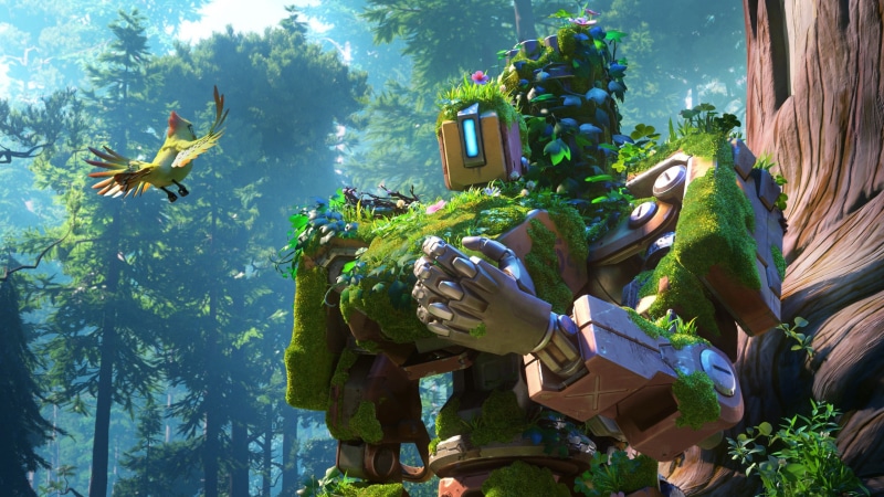 2K, drone, minigun, machine gun, sky, gun, robot, bird, cyborg, Overwatch, kumo, mecha, Bastion, cloud, weapon, game, vegetation