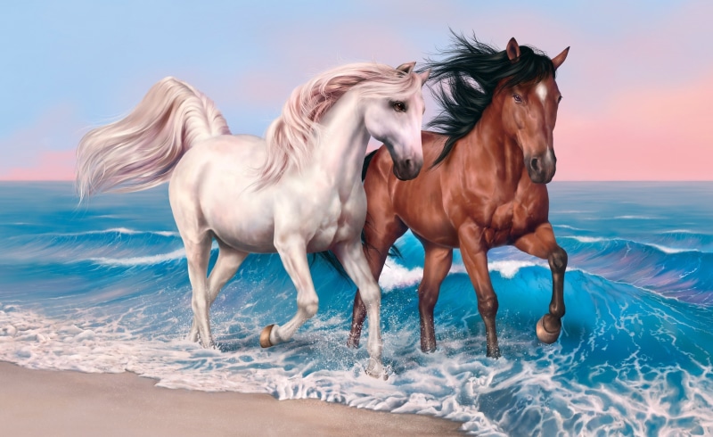 sky, suna, two, horses, mare, sea, valentines, clouds, artwork, stallion, beach, sand, white, 2K, brown, hair, horse, kumo, painting