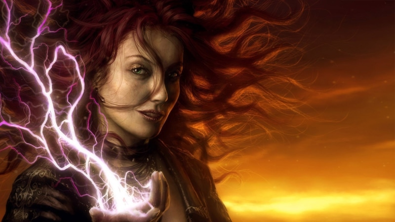 1080P, girl, woman, power, witch, cloud, sky, madoshi, kumo, mahou, red hair, redhead, red