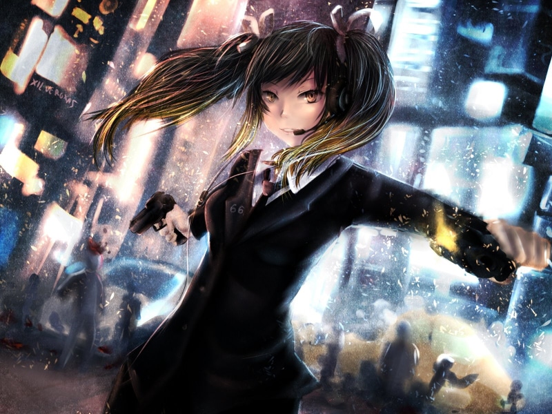 Girl, Anime, Suit, Original, Long Hair, Gun, 720P, Black Hair, Kumo Mitsumi, Twintails