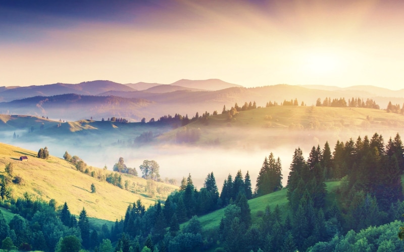 mountain, season, mist, scenics - nature, sunset, plant, mountains, italy, sunrise - Dawn, 2K, tree, grass, green Color, evergreen tree, europe, valley