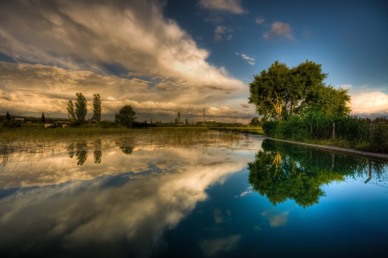 pond, reflection, green Color, morning, sunrise - Dawn, green, scenics - nature, waterfront, dawn, non-Urban Scene, blue, outdoors, standing water, sky