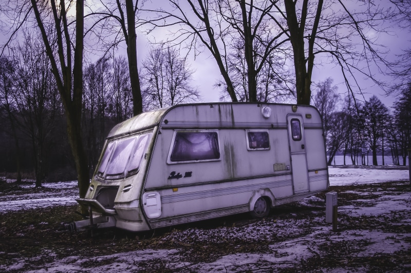 abandoned, treee, field, lifestyle, land, gray, campsite, bare tree, mode of transportation, snow, tourism, stationary, transport, near, motor vehicle