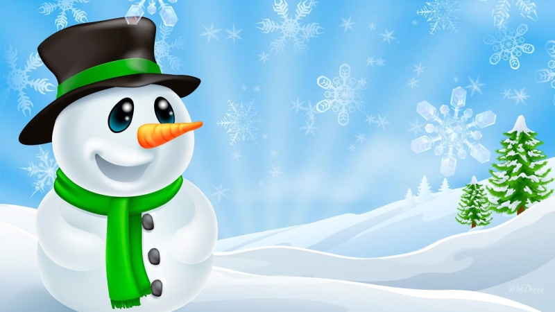 holiday, snowflakes, happiest, top-hat, snow, winter, 1080P, snowdrifts, snowman, tree, christmas, blue