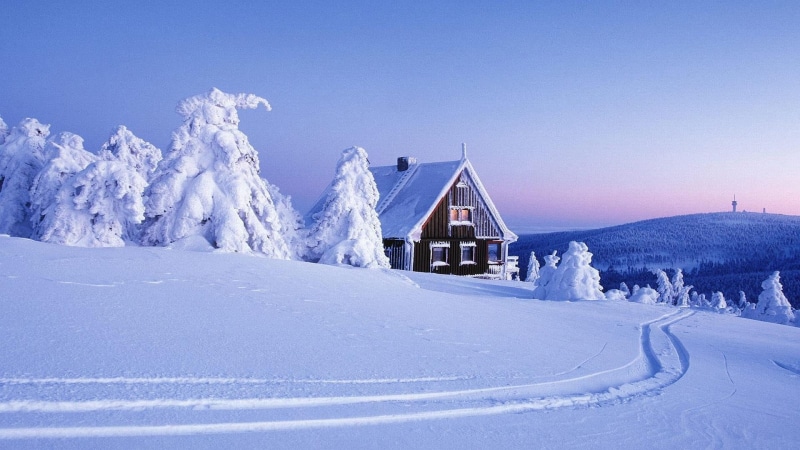 snowdrifts, nature, tranquil Scene, day, scenics, skiing, fir-trees, hut, coated, frozen, plant, blue, architecture, lodge, no People, outdoors, cold temperature