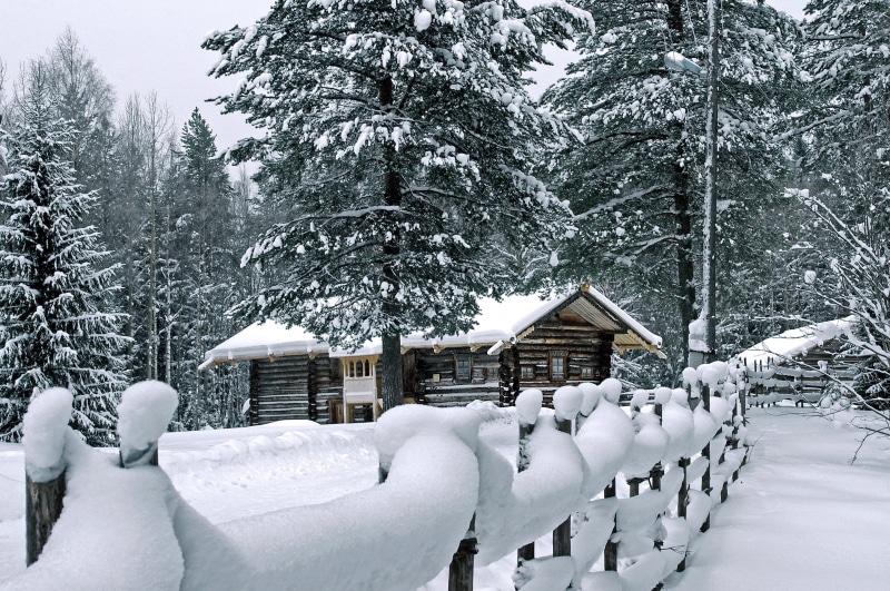winter, tranquil Scene, land, white color, cottage, season, outdoors, snowdrifts, forest, construction, woodland, non-Urban Scene, fence, powder snow, scenics