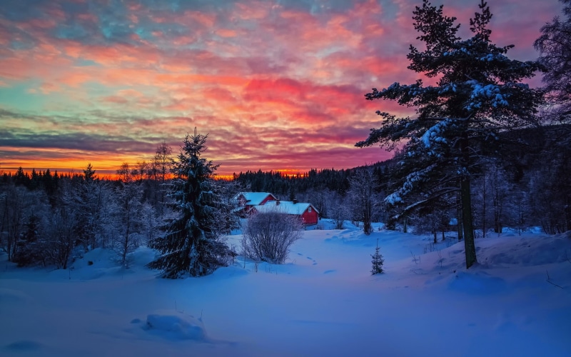 Clouds, Forest, House, Evening, Winter, 1080P, Sunset, Snow, Sky