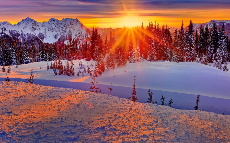 USA, Winter, 2K, Snow, Mountains, Trees, Washington, Sunset