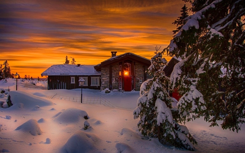 Night, Cold, House, Winter, Trees, Lights, 1080P, Snow