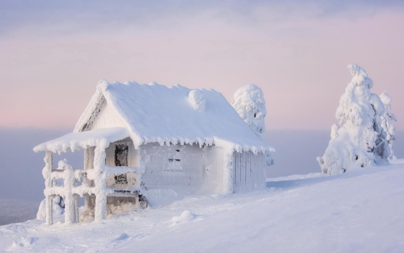scenics - nature, idyllic, sky, 1080P, extreme weather, frozen, no people, day, nature, non-urban scene, covering, landscape, land, house, cabin, beauty in nature