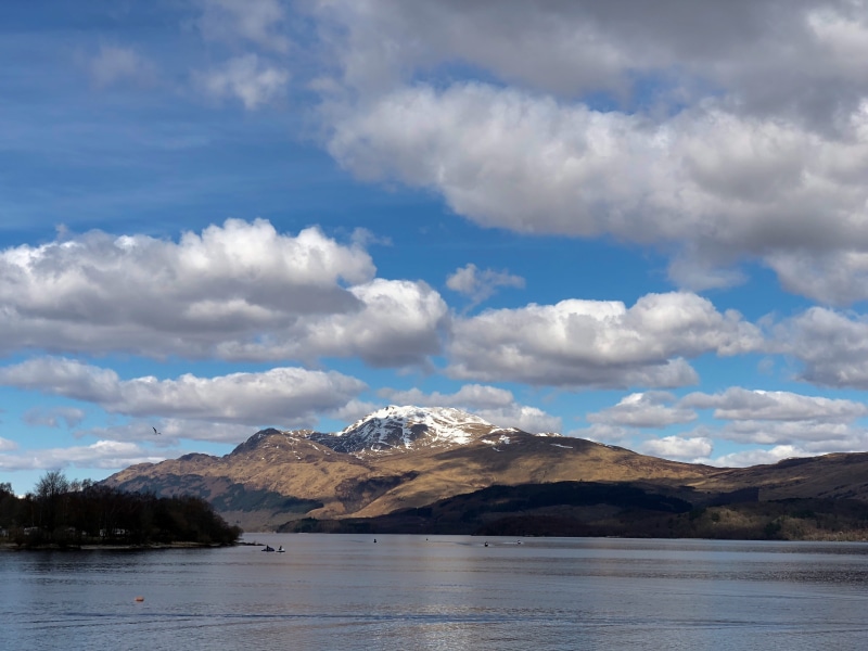 sky, beauty in nature, tranquil scene, mountain, cold temperature, cloud - sky, snowcapped mountain, loch, landscape, mountain peak, lomond, no people