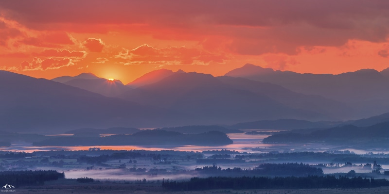 fog, tranquil scene, mountain range, scenics - nature, dramatic sky, scotland, outdoors, 5K, no people, sunset, loch lomond, nature, environment, cloud - sky