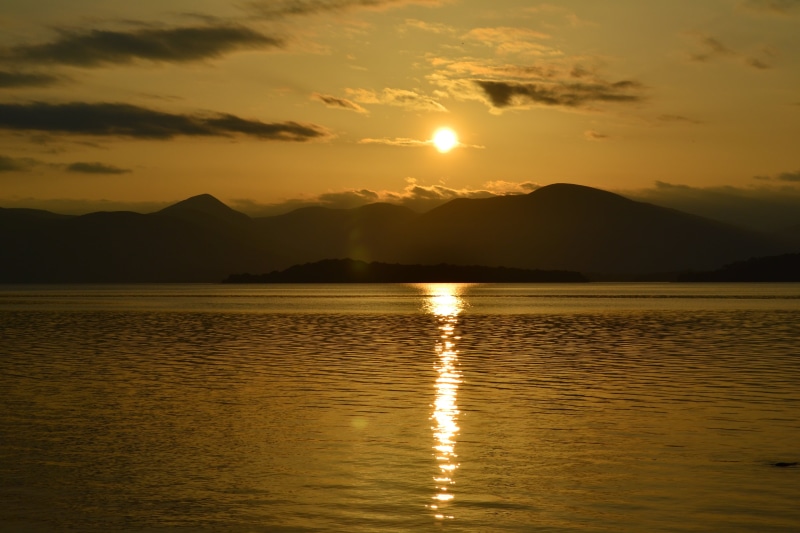 sunset, sunny, orange color, summer, mountain range, reflection, no people, clouds, orange, beauty in nature, tranquility, idyllic, waterfront, outdoors