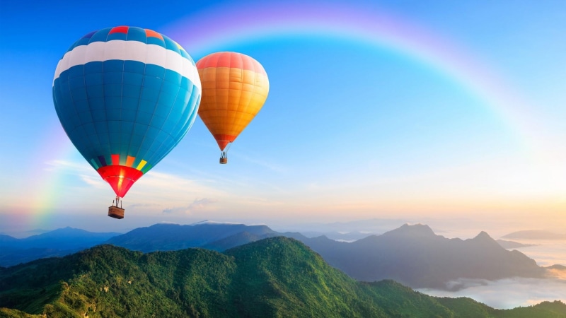 view, sky, river, fly, water, landscape, hot air balloon, 1080P, rainbow, amazing, air, mountains, baloon