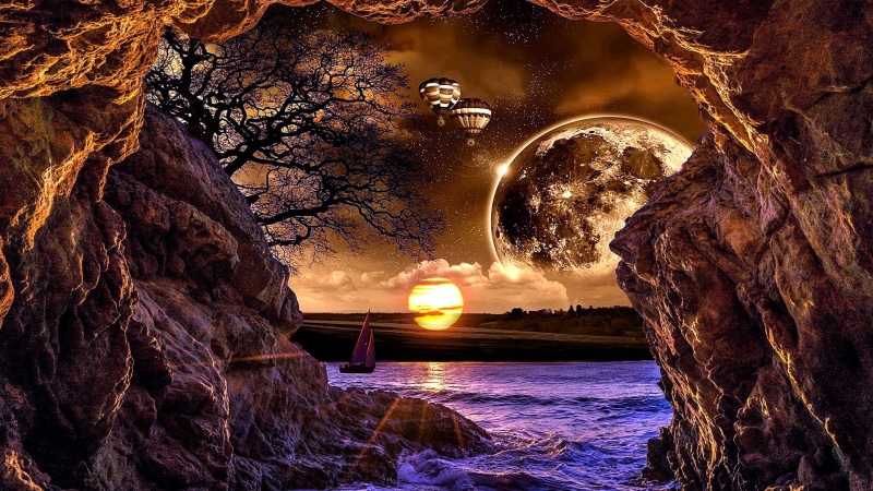 1080P, rock, moon, hot air balloons, hot air balloon, air balloon, fantasy art, air balloons, night, coast, fantasy landscape, sea
