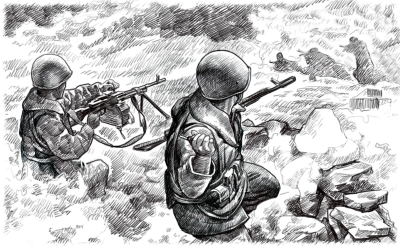 day, sketch, army, morning, gun, mine, rock, creativity, discarded, old, brutal, people, ago, in the gorge, pencil, shoe, antique, drawing - Art Product