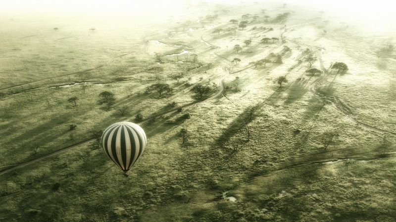 hot air balloon, black, white, air, air vehicle, balloon, mid-air, no people, transportation, 1080P, hot, sunlight, day, high angle view, land, adventure
