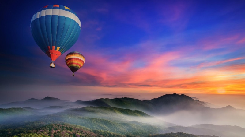 hot air balloon, 1080P, air, mountains, hot, morning, forest, mist, dawn, balloon, desktop