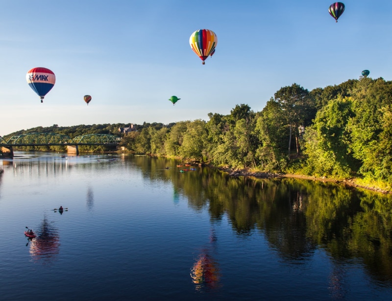 air Vehicle, Seven, daytime, outdoors, hot, travel, sport, air, 720P, balloons, Lewiston  Maine, flying, nature, multi Colored, Androscoggin  River, hot Air Balloon