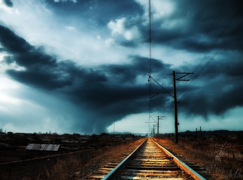 direction, power in nature, the way forward, electricity, track, cloud - sky, Railway, no people, connection, outdoors, 4K, sky, overcast, Dark, Nature