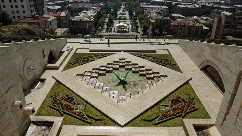 text, yerevan, travel, built structure, the past, architecture, flower, high angle view, nature, city, place of worship, sculpture, 5K, cascade, no people
