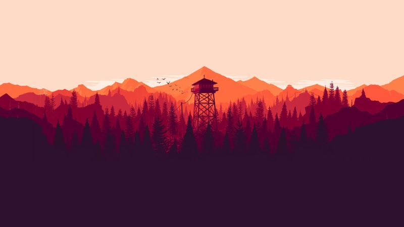 winter, artwork, sunset, tree, mountain, video games, land, mountain peak, 1080P, Campo Santo, Firewatch, tranquility, snowcapped mountain, nature, no people
