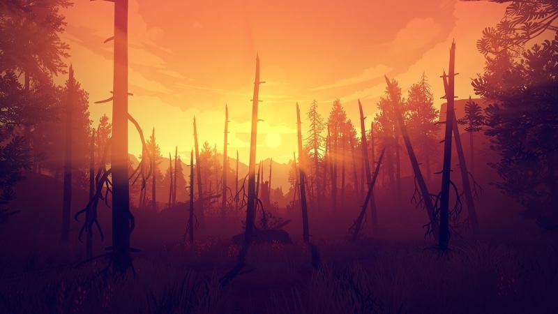 cloud - sky, beauty in nature, sky, plant, orange color, firewatch nature video games campo santo, scenics - nature, sunbeam, sunset, sunlight, woodland