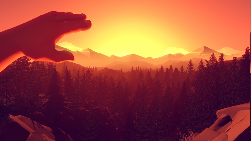 artwork, outdoors, sky, tranquility, tranquil scene, environment, mountain, people, mountain peak, Campo Santo, sunset, mountain range, nature, human hand