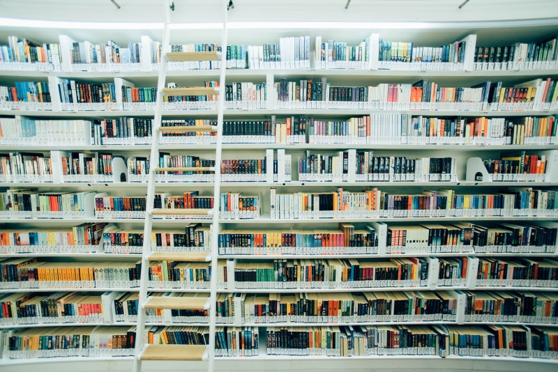 day, 5K, book, library, built structure, in a row, ladder, assorted, room, shelf, interior, arrangement, no people, books, order, lighted, choice, large group of objects