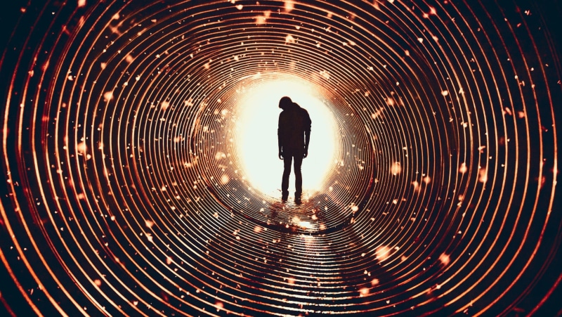 rear view, glowing, walking, leisure activity, night, standing, illuminated, lights, one person, illustration, tunnel, real people, lifestyles, 1080P