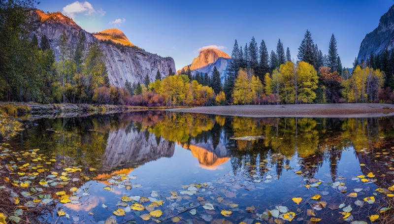 river, fall, trees, sky, USA, day, clouds, National Park, forest, blue, 1080P, park, reflection, leaves, Yosemite, national, Mountain, California