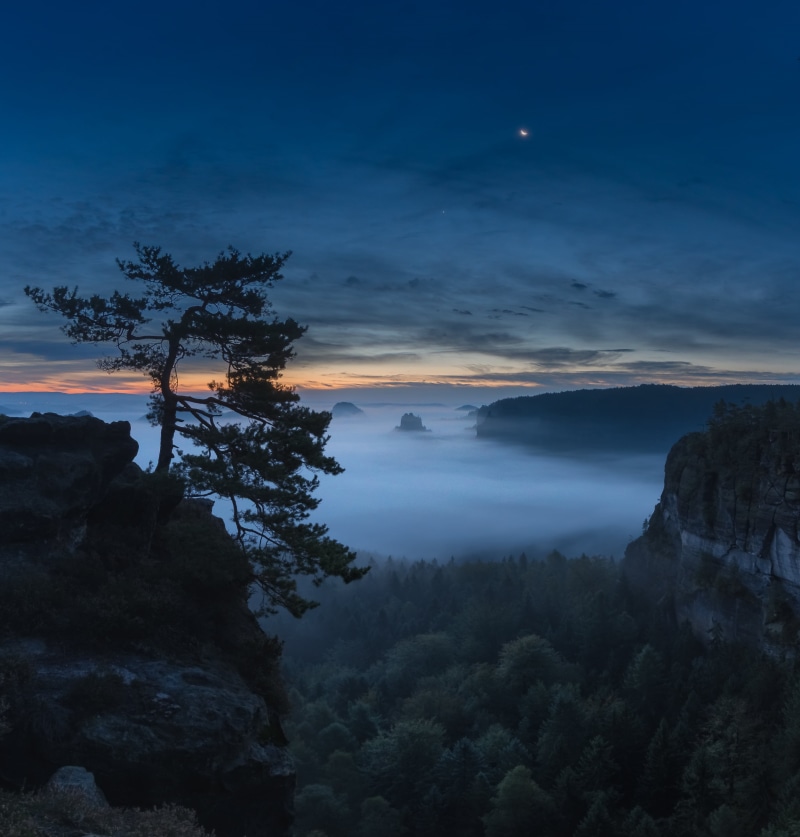 kleiner Winterberg, Magic, Nature, tree, sunset, Sächsische Schweiz, scenics, landmark, before Dawn, Elbsandsteingebirge, Fog, Landscape, Kiel, 2K, mountain