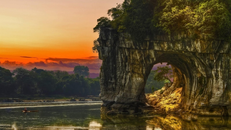 elephant hill scenic area, sunset, natural arch, waterfront, reflection, elephant trunk hill, beauty in nature, asia, taohua river, tree, 1080P, xiangshan park
