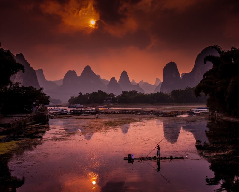 orange color, 1080P, water, waterfront, tranquility, lake, Landscape, cloud - sky, nautical vessel, China, outdoors, Sunset, nature, Li River, beauty in nature