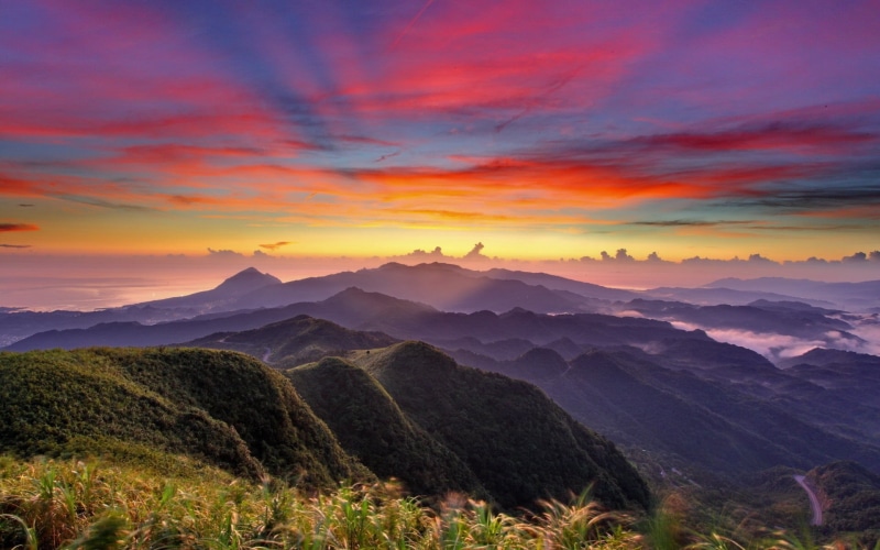 summer, sky, outdoors, morning, majestic, 1080P, beauty In Nature, blue, autumn, orange, cloud - Sky, sunbeam, hill, sunset, dawn, forest, asia, yellow