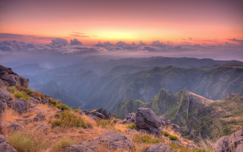 hill, scenics, sunlight, 1080P, gray, idyllic, meadow, hiking, plant, grass, no people, mountain Peak, sunset, tree, valley, tranquil scene, asia, dawn