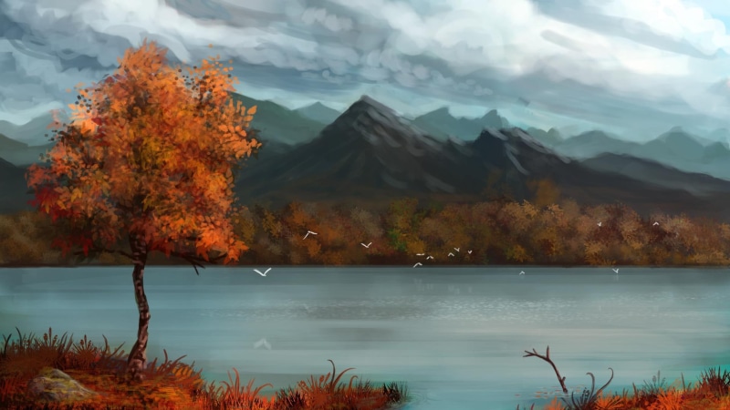 background, sky, mountains, forest, landscapes, paintings, lakes, clouds, tree, 1080P, autumn, fall, art, desktop