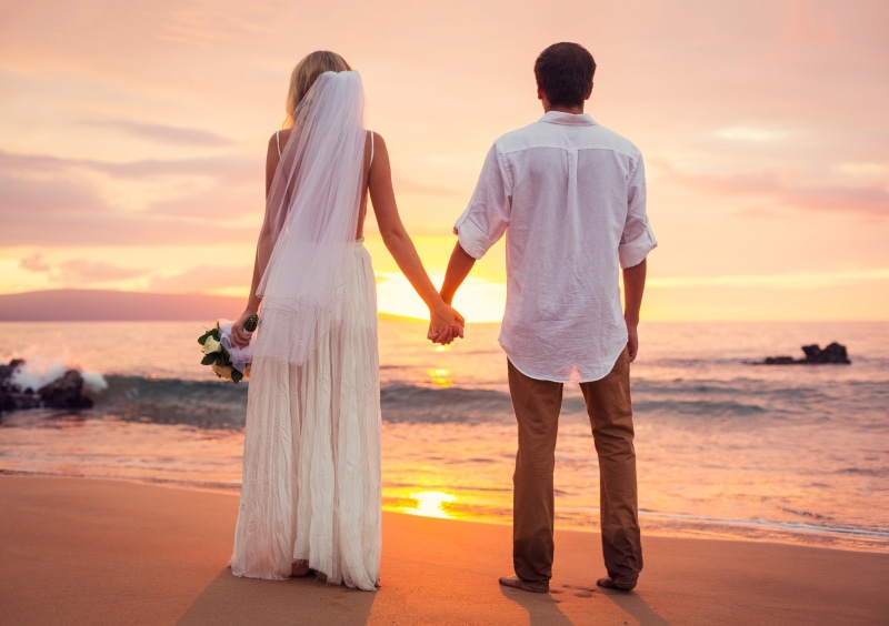 Nature, beach, clouds, 4K, groom, Love, Sunset, girl, wedding, sky, portrait, Sea, bride