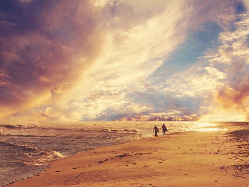 Summer, 2K, Beach, Sea, Dusk, Waves, Surfing, Clouds