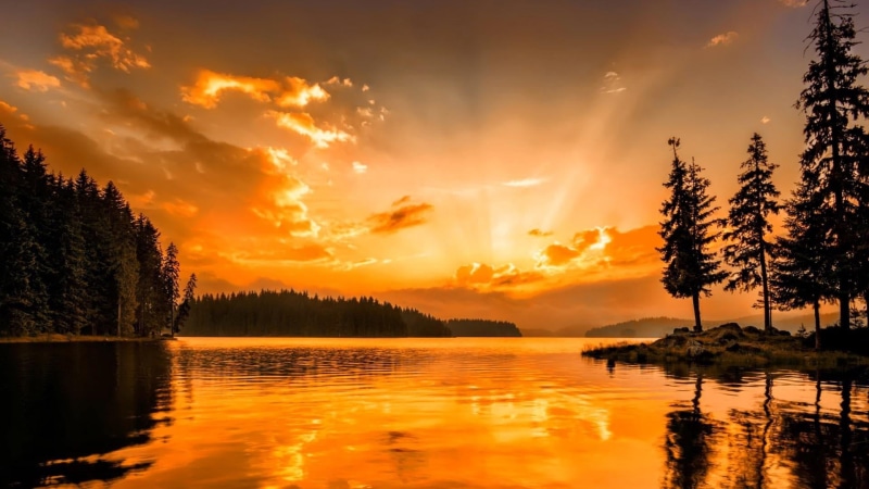 scenics - nature, sky, water, sunset, shiroka polyana, orange color, europe, plant, waterfront, sunray, sunlight, evening, tranquility, silhouette, cloud