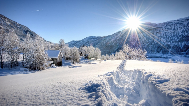 sunbeam, rays, frost, sunray, tree, sky, beauty in nature, no people, snow, footprint, blue sky, cold temperature, tranquility, snowcapped mountain, plant