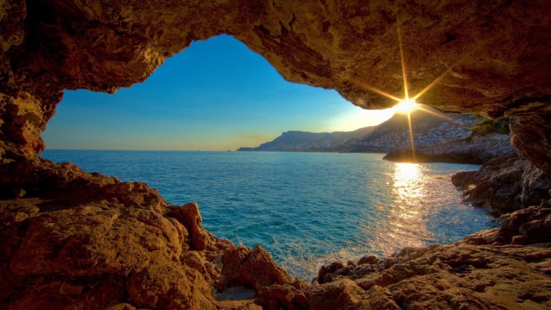 turquoise, sunray, 1080P, natures frame, sea, cave, incredible, sun, view